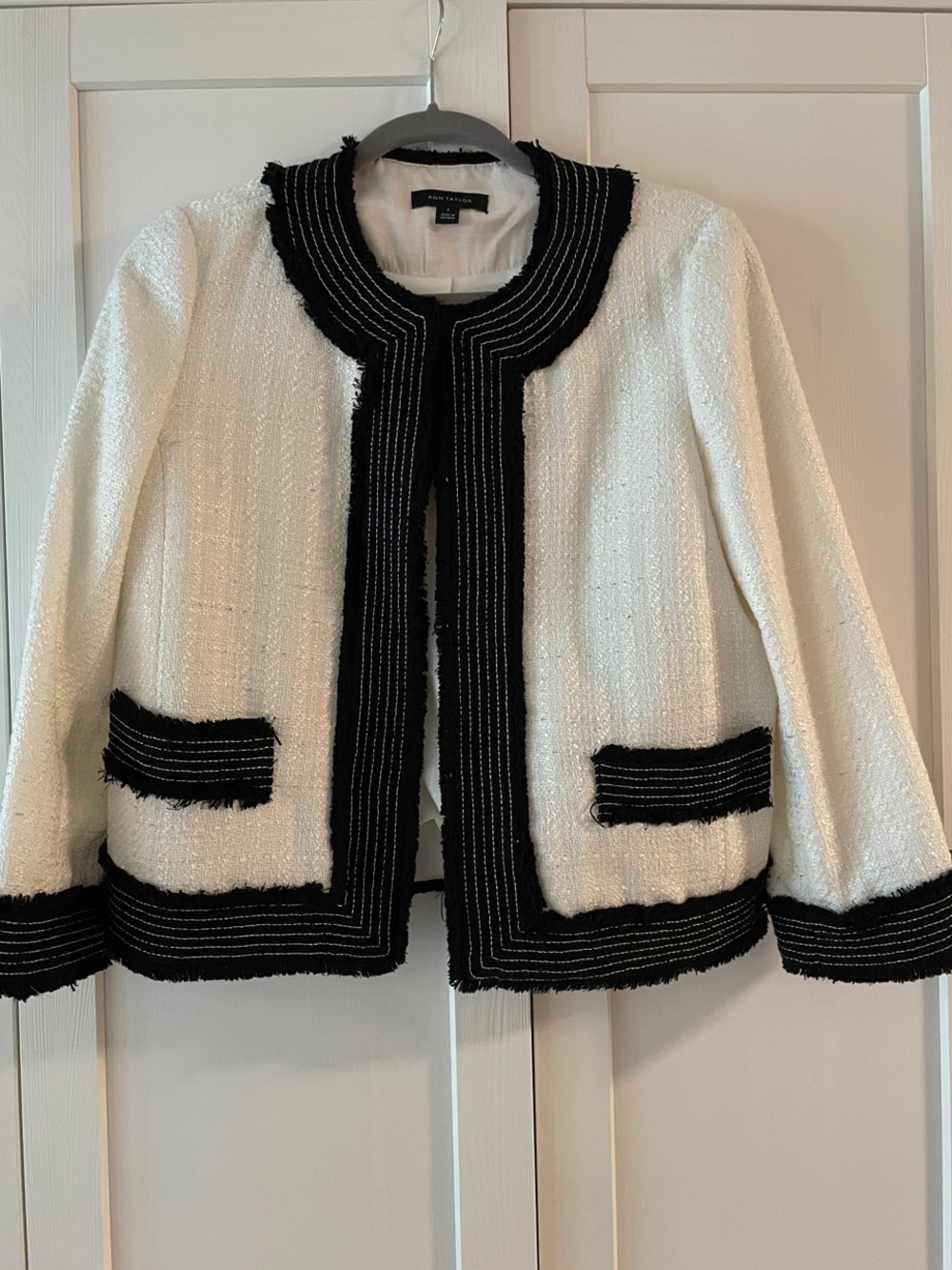 Ann Taylor White Bouclé Blazer with Black Trim